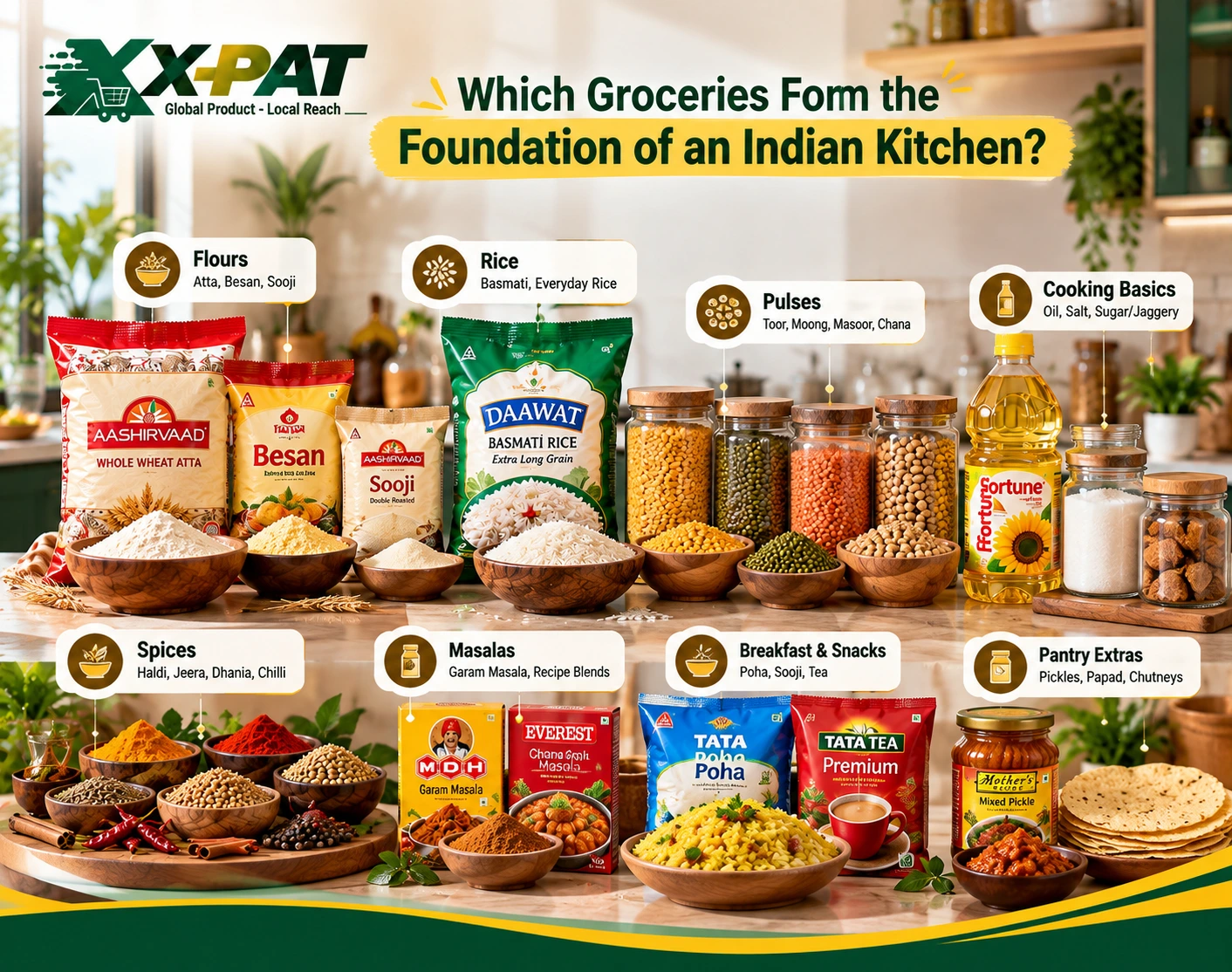 Indian kitchen essentials including atta rice pulses spices cooking oil and pantry staples