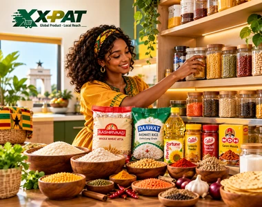 Essential Indian groceries for an Indian kitchen including atta rice dal spices and cooking oil
