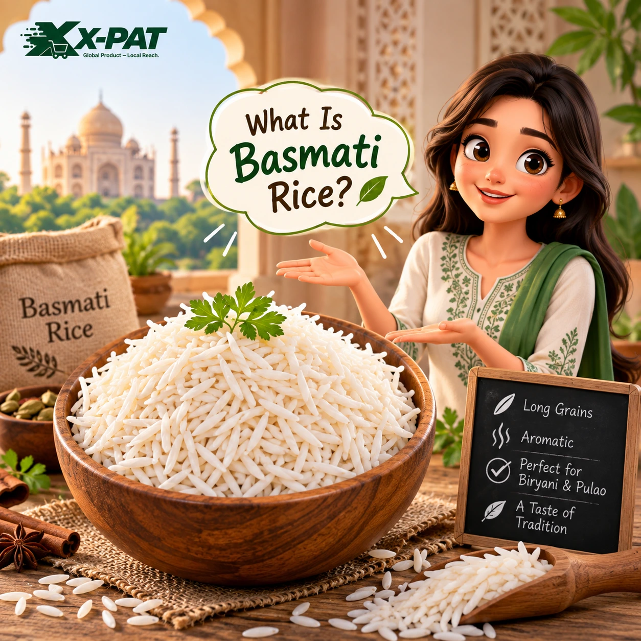 Long-grain aromatic basmati rice used for biryani and pulao
