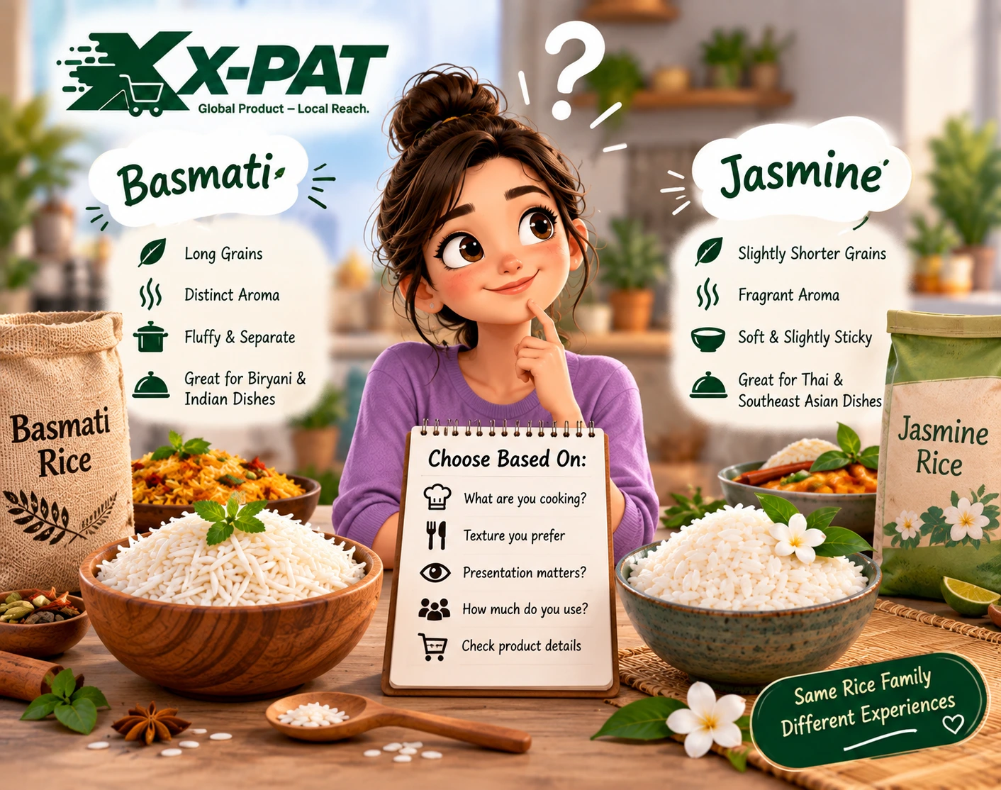 How to choose between basmati and jasmine rice based on texture and cooking use