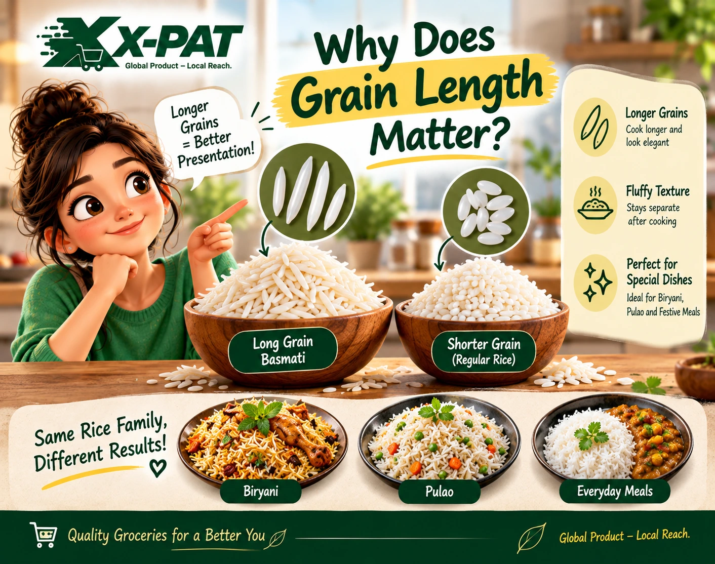 Long grain basmati rice compared with shorter rice grains for cooking
