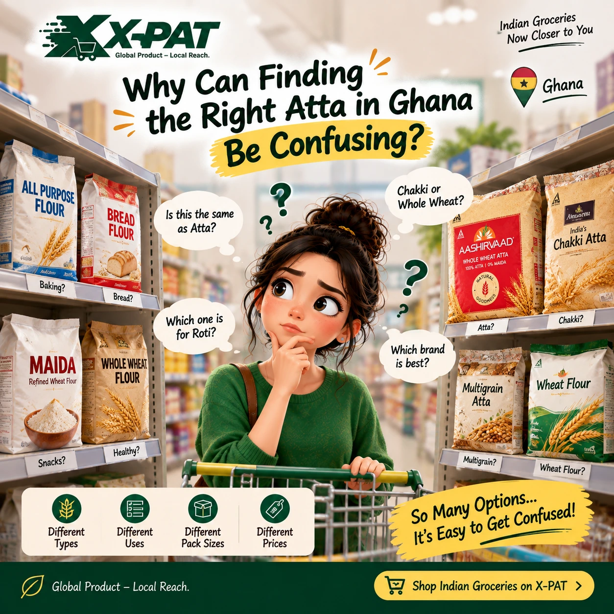 Different types of flour and atta available in Ghana for Indian cooking