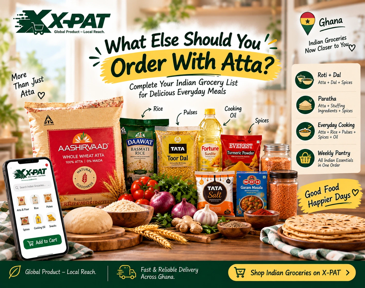 Indian groceries to order with atta in Ghana including rice pulses spices and cooking oil