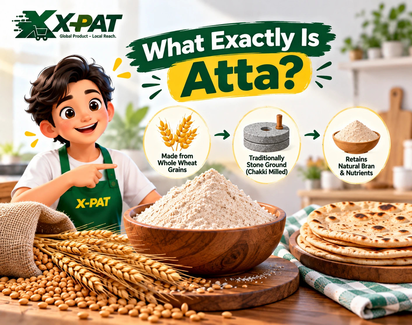 Whole wheat atta made from wheat grains for roti and chapati