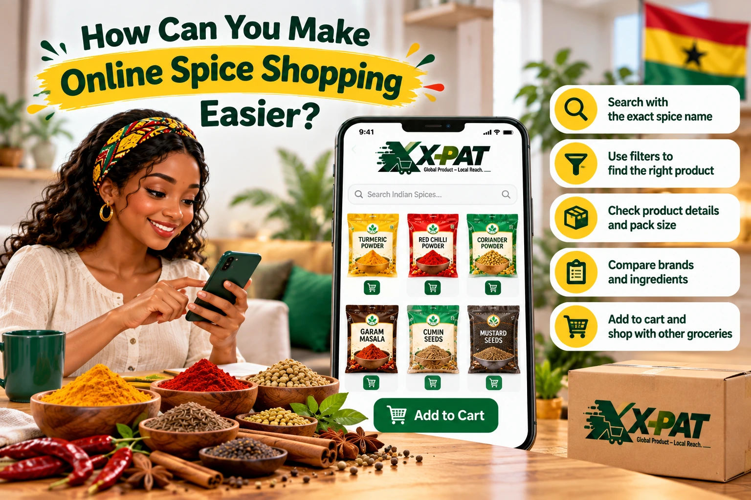 Online spice shopping in Ghana using X-PAT to search and compare Indian spices