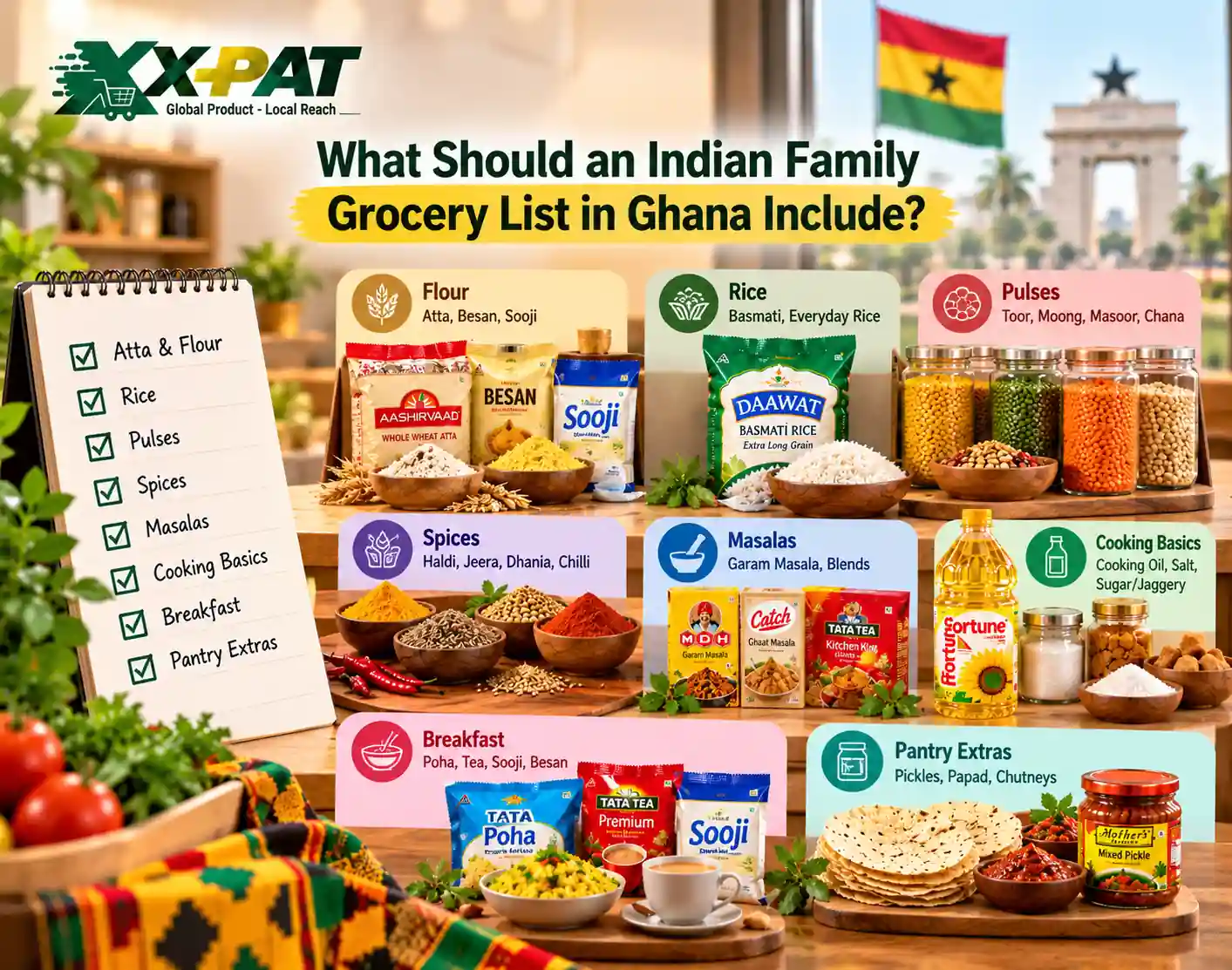 Indian family grocery list in Ghana with atta rice pulses spices and pantry essentials