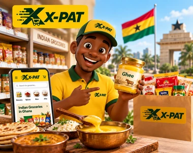 X-PAT Ghana mascot presenting ghee with Indian groceries and X-PAT grocery app