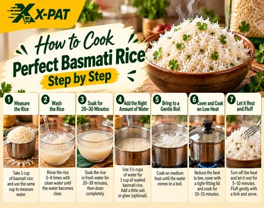 Step-by-step guide to cooking perfect basmati rice, showing washing, soaking, measuring water, boiling, simmering and fluffing rice. Copy