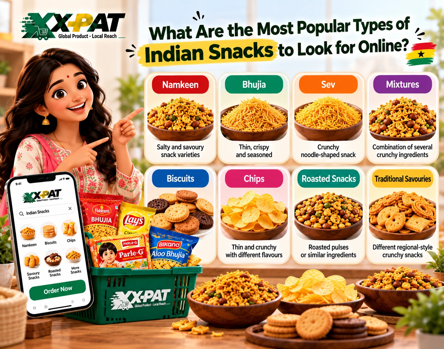 Popular Indian snacks online in Ghana including namkeen bhujia biscuits chips and savoury snacks