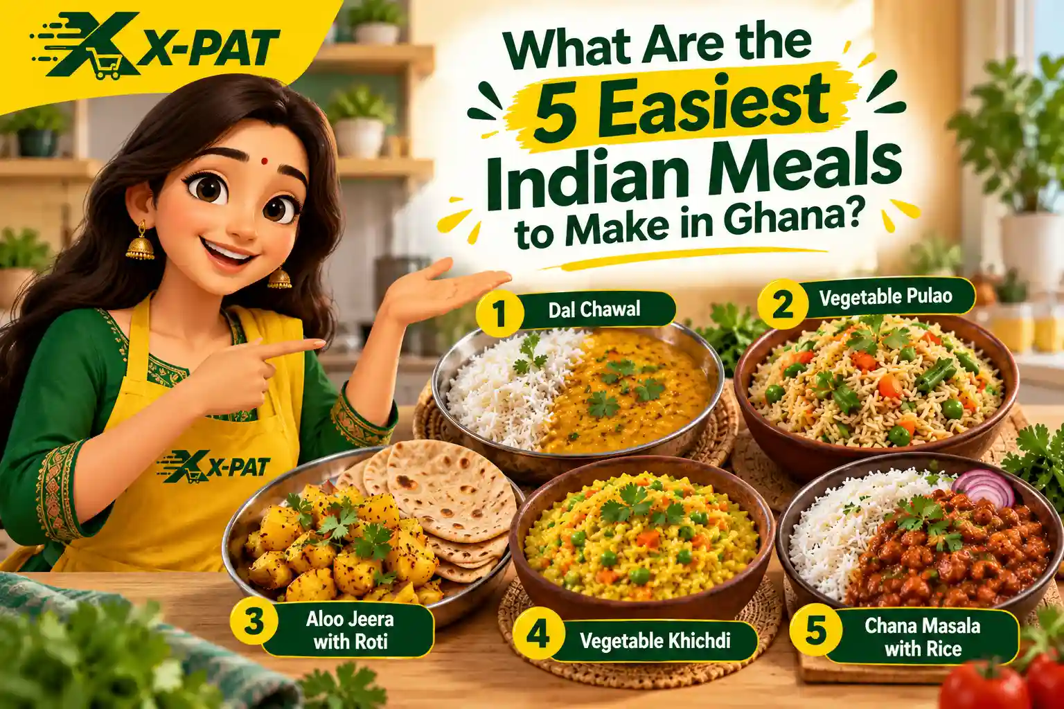 Five easy Indian meals in Ghana including dal chawal, vegetable pulao, aloo jeera with roti, vegetable khichdi and chana masala, presented by an X-PAT cooking character. Copy