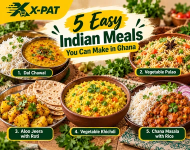 Five easy Indian meals in Ghana featuring dal chawal, vegetable pulao, aloo jeera with roti, vegetable khichdi and chana masala with rice. Copy