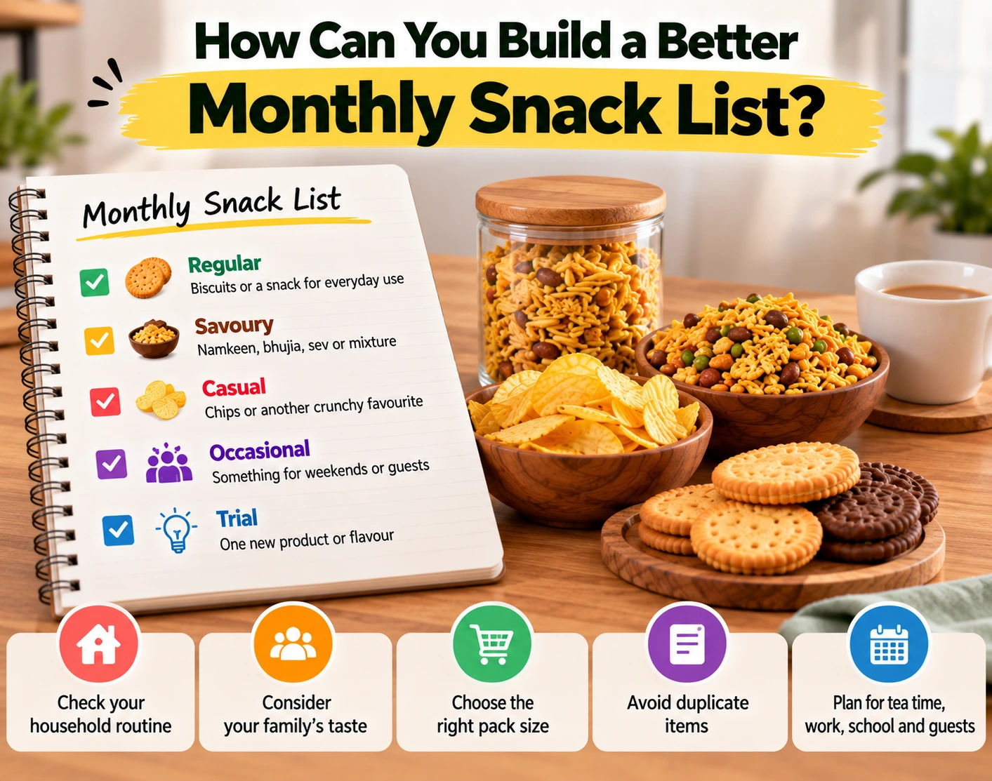 Monthly Indian snack list with biscuits namkeen chips and snack planning tips