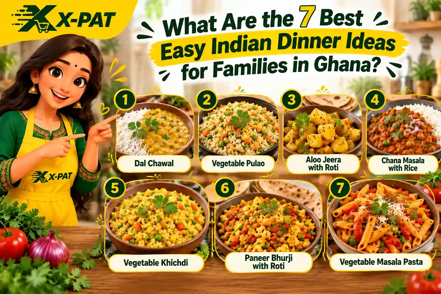 Seven easy Indian dinner ideas for families in Ghana, including dal chawal, vegetable pulao, aloo jeera, chana masala, khichdi, paneer bhurji and masala pasta.