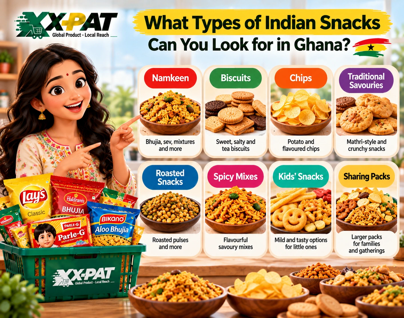 Types of Indian snacks in Ghana including namkeen biscuits chips roasted snacks and savoury mixes