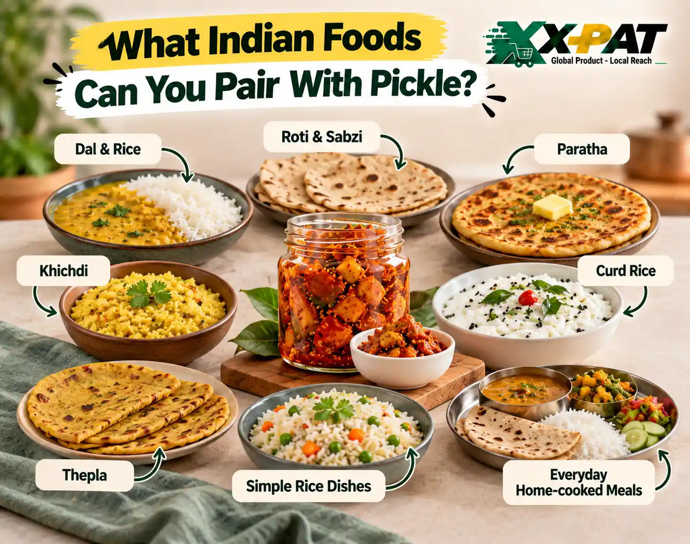 Indian foods to pair with pickle including dal rice roti paratha khichdi curd rice and thepla