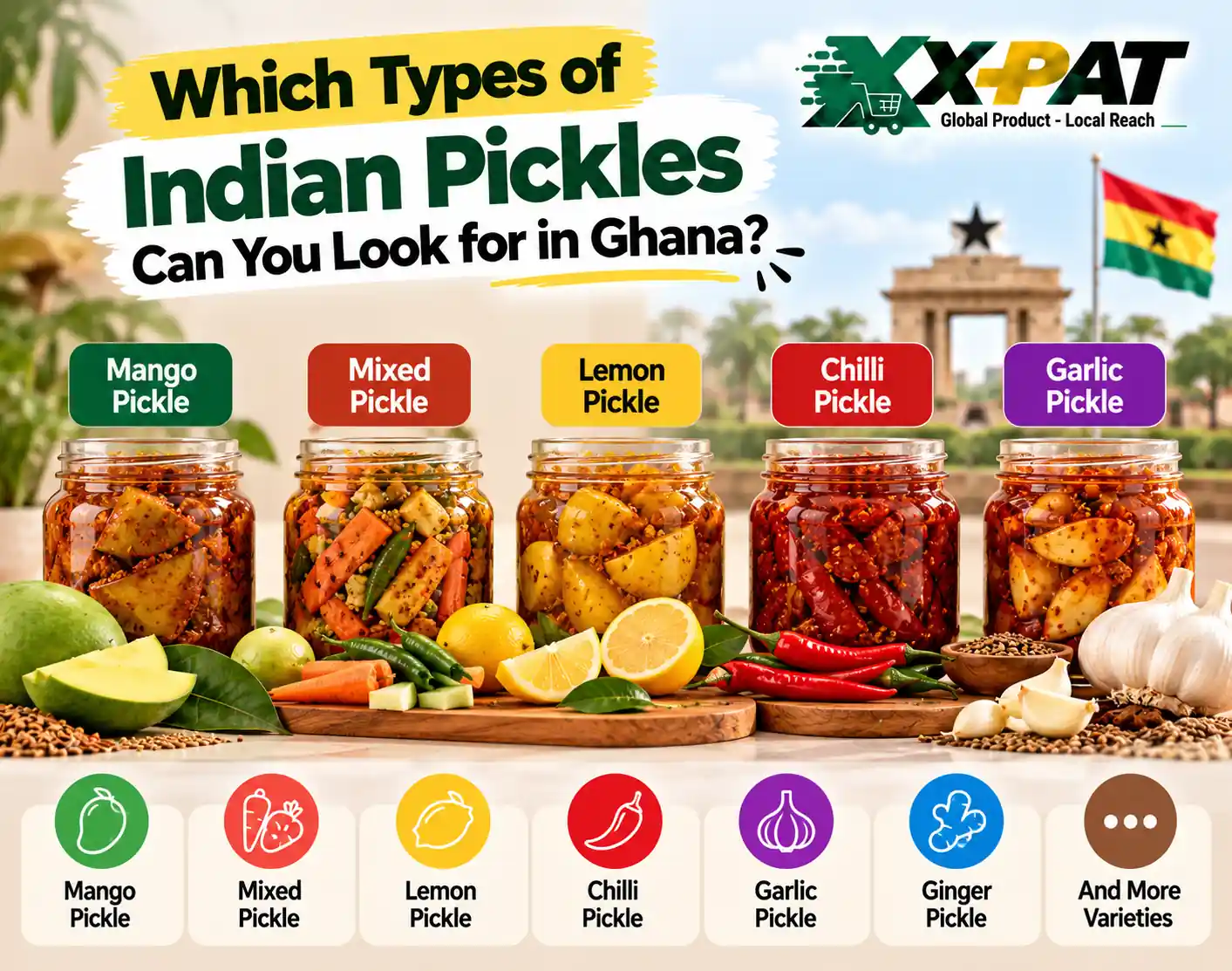 Types of Indian pickles in Ghana including mango mixed lemon and chilli pickle