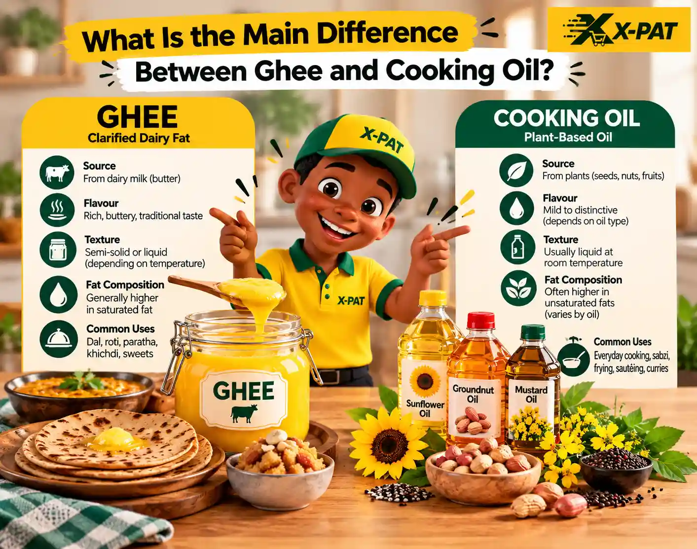 Main difference between ghee and cooking oil showing dairy-based ghee and plant-based oils with their sources, flavours, textures and uses
