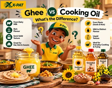 Ghee vs cooking oil comparison showing Indian ghee, sunflower oil, groundnut oil and mustard oil with X-PAT character