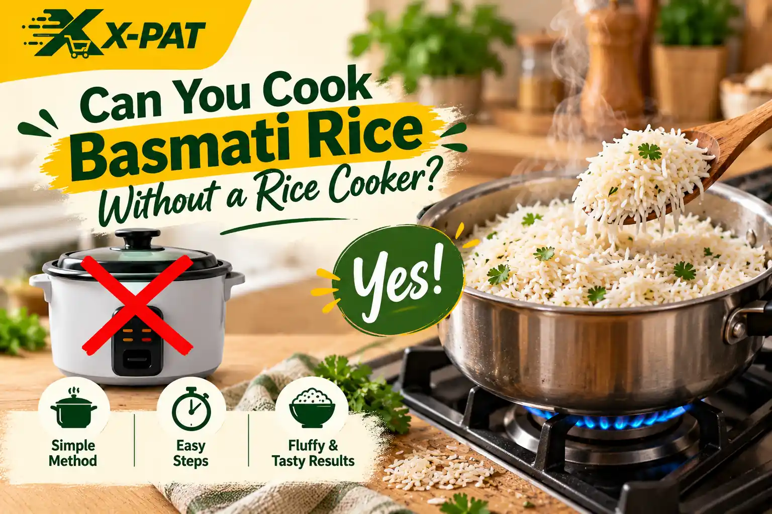 How to cook basmati rice without a rice cooker using a saucepan on a gas stove, with fluffy cooked rice and X-PAT branding. Copy