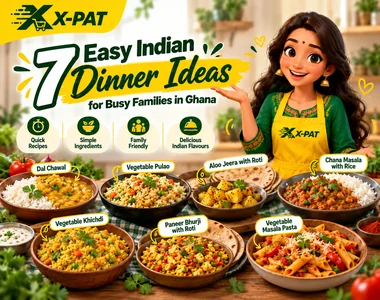 Seven easy Indian dinner ideas for busy families in Ghana featuring dal chawal, vegetable pulao, aloo jeera, chana masala, khichdi, paneer bhurji and masala pasta.