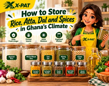 How to store rice, atta, dal and Indian spices in Ghana using airtight containers to protect groceries from moisture and insects. Copy ALT Text