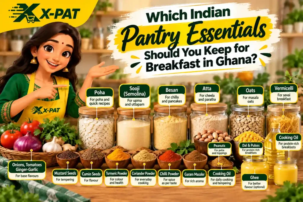Essential Indian breakfast pantry ingredients in Ghana, including poha, sooji, besan, atta, oats, vermicelli, spices, peanuts and ghee. Copy ALT Text