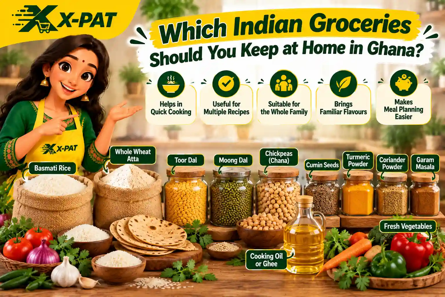 Essential Indian groceries in Ghana including basmati rice, atta, toor dal, moong dal, chickpeas, Indian spices, cooking oil and fresh vegetables.