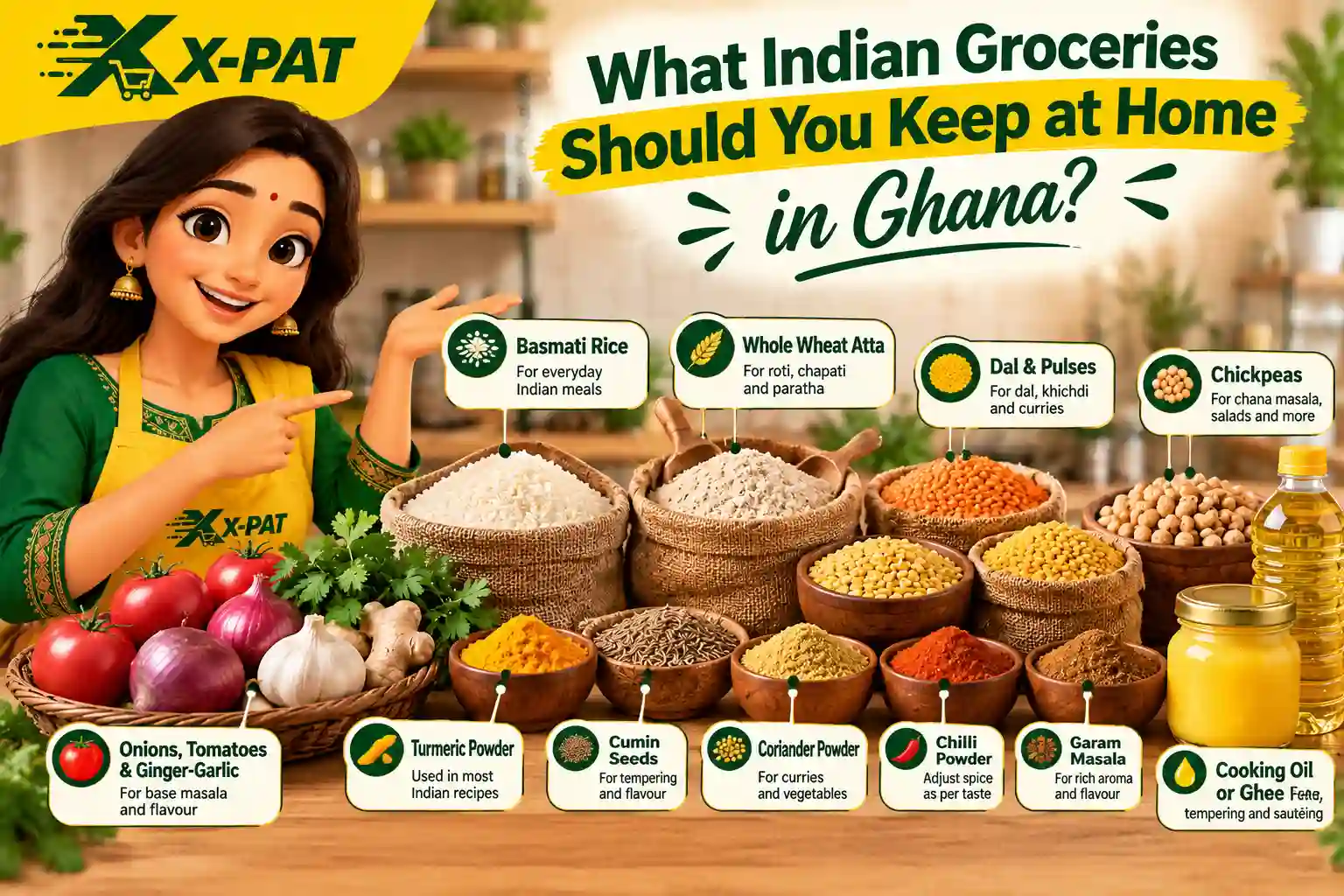 Essential Indian groceries to keep at home in Ghana, including basmati rice, atta, dal, chickpeas, spices, cooking oil and ghee, presented by an X-PAT character.