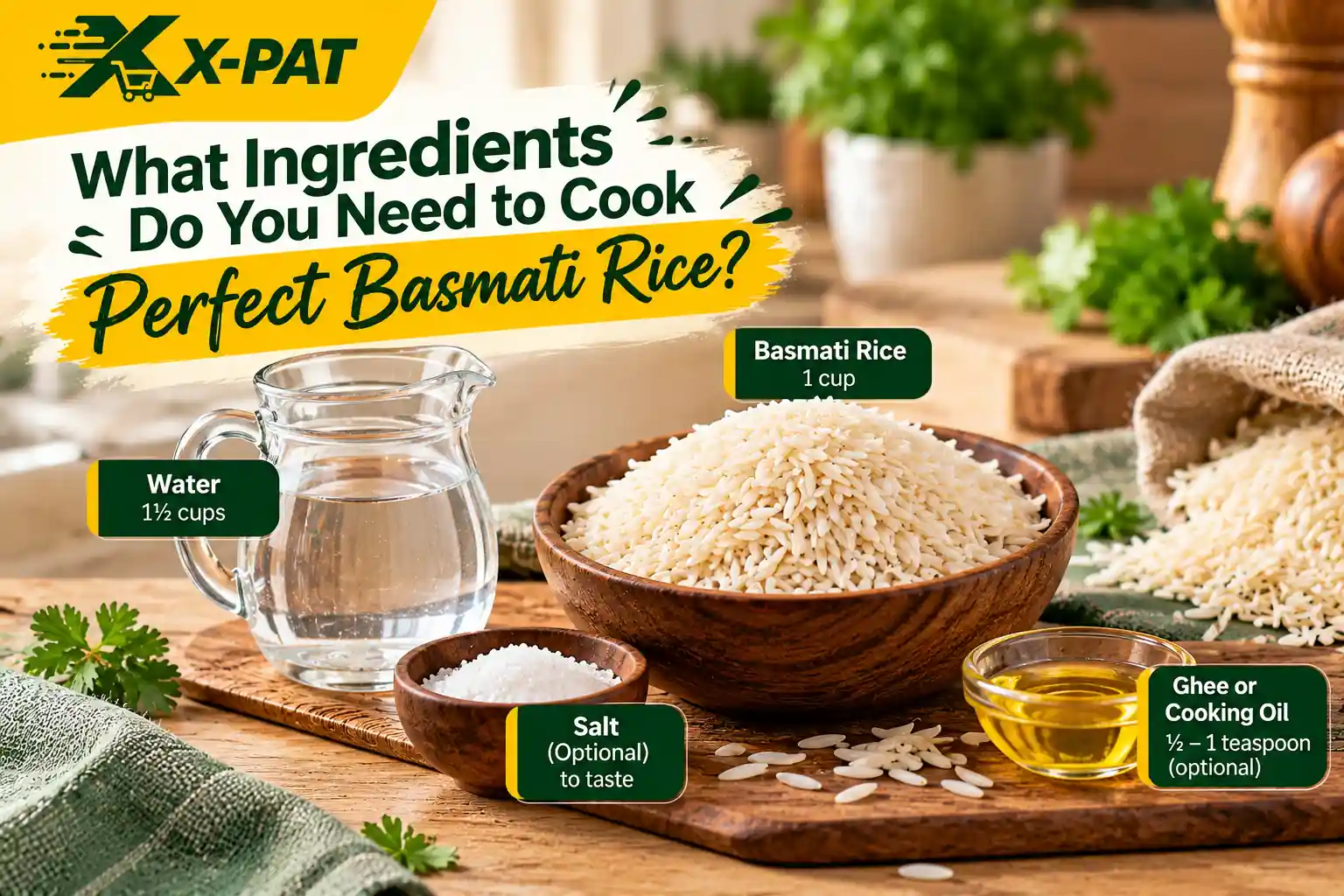 Ingredients for cooking perfect basmati rice, including one cup of rice, water, optional salt and ghee or cooking oil.