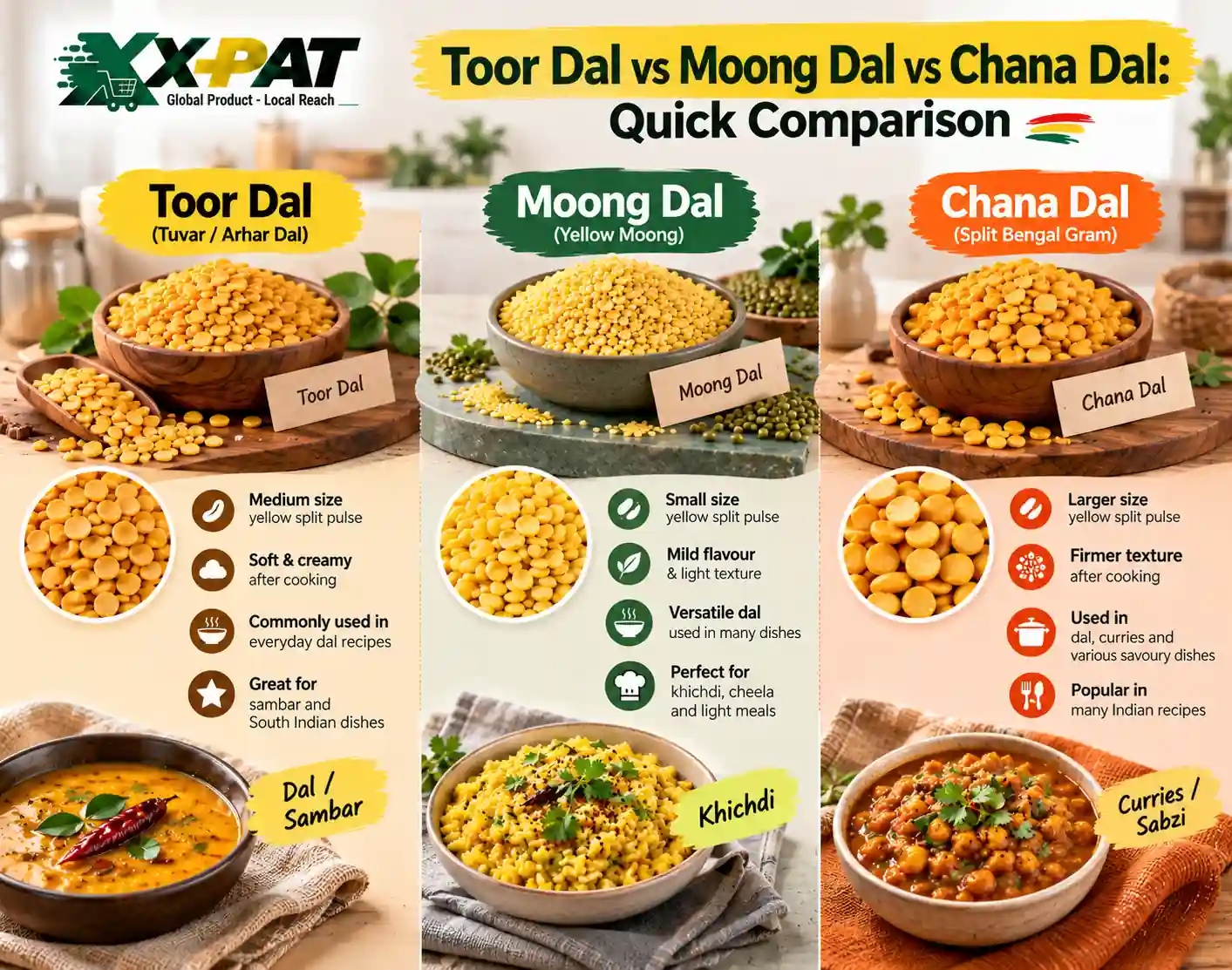 Toor dal vs moong dal vs chana dal quick comparison showing texture and cooking uses