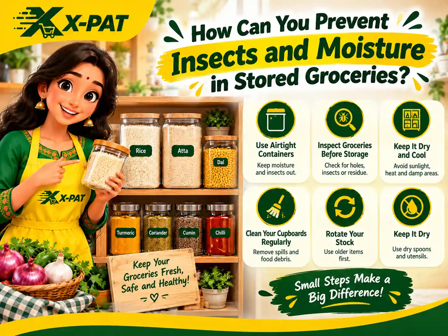 How to prevent insects and moisture in stored groceries using airtight containers, pantry inspection, dry storage and regular cleaning in Ghana.
