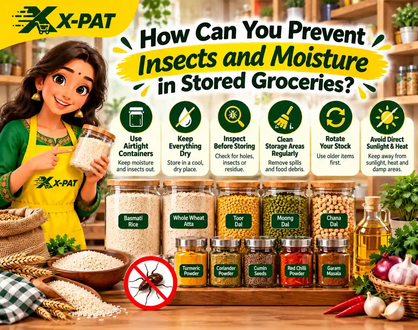 How to prevent insects and moisture in stored groceries using airtight containers, dry storage, regular pantry cleaning and proper food storage in Ghana. Copy