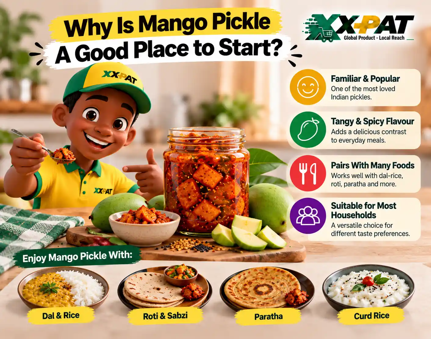 Why mango pickle is a good choice for everyday Indian meals with dal rice roti paratha and curd rice