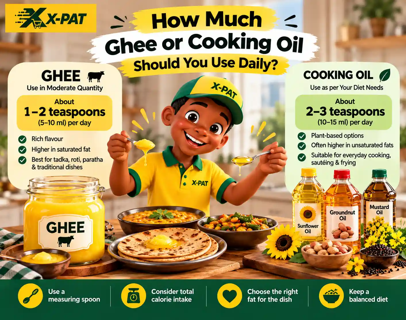ow much ghee or cooking oil to use daily, with portion guidance, measuring spoons and X-PAT character.