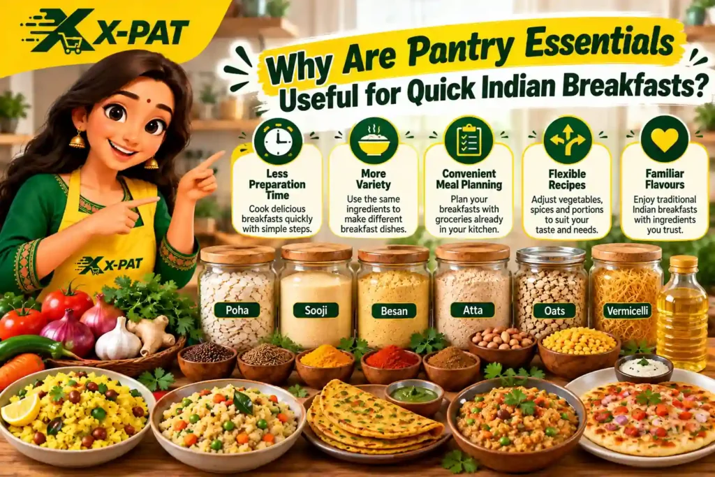 Indian breakfast pantry essentials including poha, sooji, besan, atta, oats and vermicelli, with X-PAT character explaining five benefits of pantry staples. Copy ALT Text